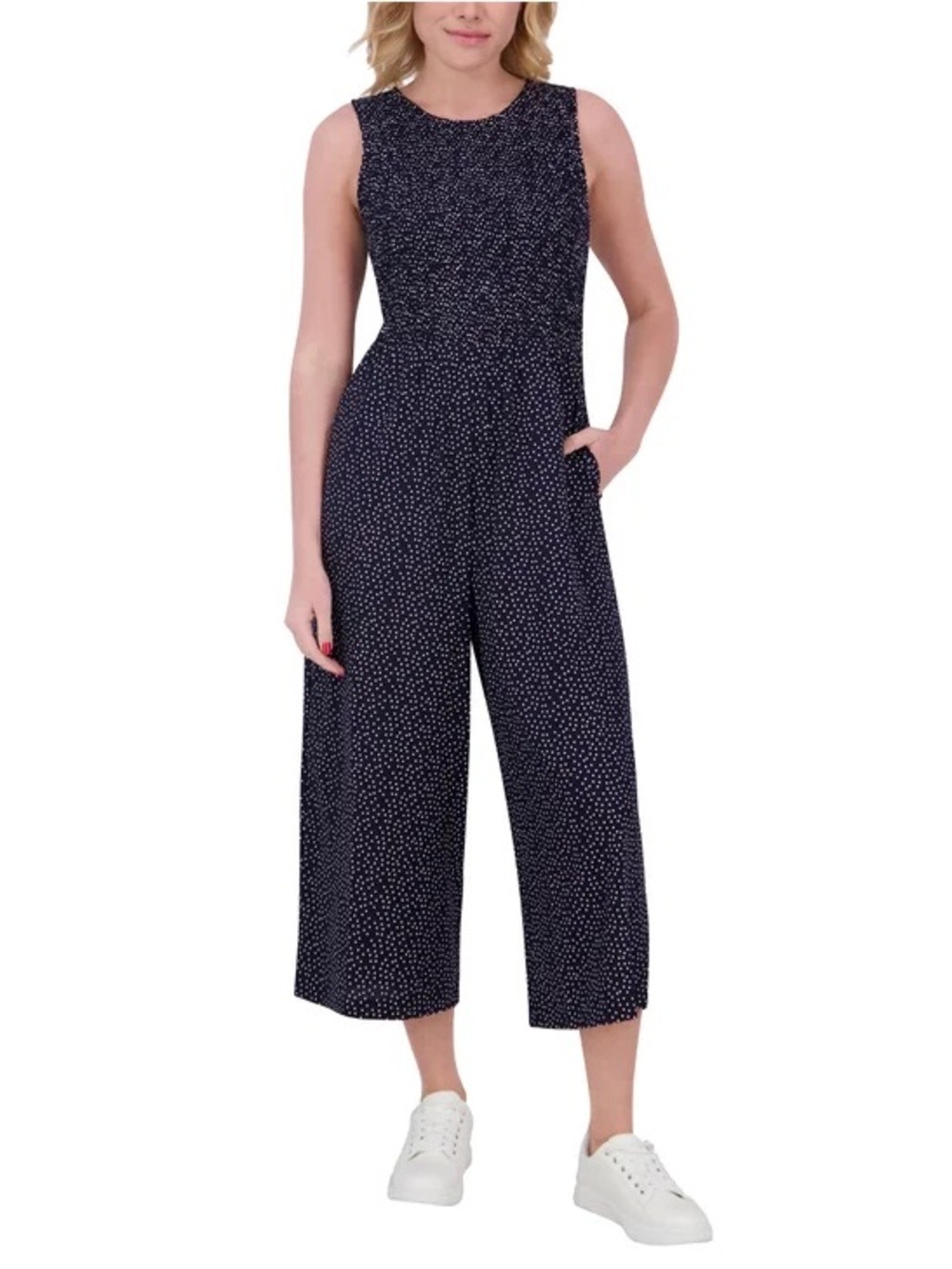 Andrew Marc Navy Polka Dot Sleeveless Wide Leg Jumpsuit Women's XL